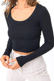 Women Slim Casual Ribbed Short T-Shirts Fall Spring Long Sleeve Round Neck Pullovers Crop Tops Base Tees Shirts