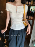 Xixi 2025 Autumn White Label New Word-Collar Wool Bottom Knitted Knitted Short-Sleeved T-Shirt For Women