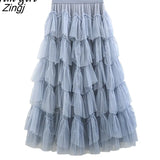 Sweet Multilevel Tulle Long Skirt Women Elastic High Waist A-line Pleated Mesh Skirt Gothic Lolita Female Jupe