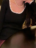 Contrast Color Trim Slim Long Sleeve Knit- Outfit