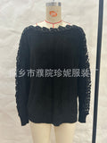 Women's Sweater 2025 Winter V-Neck Lace Spliced Solid Color Long-Sleeved Knitted Shirt