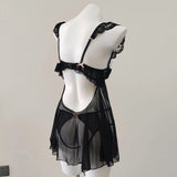 New Sexy Pajamas Female Summer Emotional Fun Small Breast Lace Splicing Slings Hollow Mesh Yarn