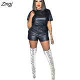 Women Pu Leather Biker Two Piece Set Solid Color Streetwear Sportsuit Drawstring Clothes For Women