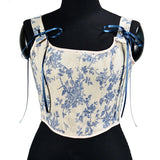French Orchid Print With Fish Bone Corset Short Vest Bustier Crop Early Spring