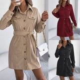 And Winter Casual Solid Color Single Row Buckle Long-Sleeved Taut Shirt Skirt Women's