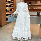Small Vintage Hollow Lace Splicing Strap Belt Lantern Sleeve Dress Female Court Long