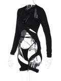 Women Black Hollow Out Bodysuits Irregular Cutout Long Sleeve Sleepwear with Bandage Thongs Nightwear Playsuits