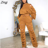 Striped print Women Fall Two piece Set Sweatshirt Zipp jacket Top Trousers Sports Baseball Uniform Workout