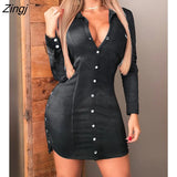 Autumn Women Fashion Elegant Casual Mini Solid Long Sleeve Dress Button Front Sides Slit Shirt