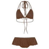Girl Small Wave Dot Lotaf Side Bikini Set With Hanging Neck Irregularly Naked Beach