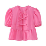 Sweet Gentle Wind Pure Color Lace Design Shirt Fashion Niche Bubble Short Sleeve Temperament Women's