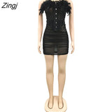 Women Feather Two Piece Set Strapless Shirt + Mini Skirt Dress Sheer Mesh Party NIght Clubwear Dresses For Women