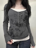 Homologous Retro Butterfly Print Color And Fake Two T-Shirts And Hot Girls Thin Knitted