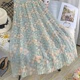 Embroidery Tulle Skirt Women Spring Flower Elastic High Waist Pleated Midi Skirt Korean Style Elegant A-line Mujer