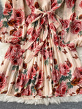 Women Floral Draped Mini Dress Bohemian Female V-Neck Puff Long Sleeve High Waist Bandage Pleated Vestido Female Robe