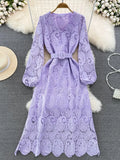 Autumn Red/Yellow/Purple/Blue Hollow Out Embroidered Long Dress Women Vintage V-Neck Puff Sleeve Party Maxi Vestidos