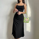 Zingj New Black Slip Dress Women's Side Waist Small Draw Pleated Waist Show Thin