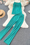 Women Pleated Set Sexy Spaghetti Strap Camis Tops + High Waist Wide Leg Loose Pants Casual Red/Yellow/Brown Suits