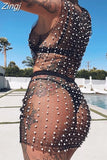 Women Swimsuits Bikinis Cover-Ups 2 Pieces Set Pearls Rhinestones O-neck Tank Tops Mesh Sheer See-through Skirts