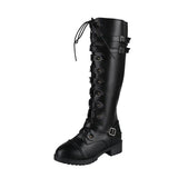 Large-Size Knight Boots Women Low And Flat Bottom Round Head Belt Buckle Cross-Tie