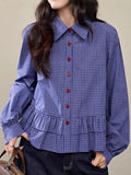 Plaid Shirt Woman 2025 Spring New Thin Soft Leaf Side Long-Sleeved Shirt Blouse Short