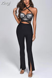 Spaghetti Strap Lace Bodycon Bandage Jumpsuit Elegant Black Full Length Cropped Top Pants Bandage Set Nightclub Party