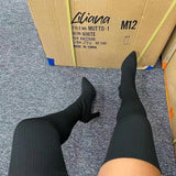 Autumn And Winter Sharp Head Thick And Knitted Knee Boots Woman 43 Large Elastic Long