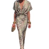 Spring New Women's Temperament Print Sexy V Lumbar Kinesy Short-Sleeved Dress