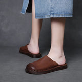 Time 99] Head-Level Cow Skin Retro Wearing Baotou Half Slippers Women's Summer Comfortable Leisure Boun