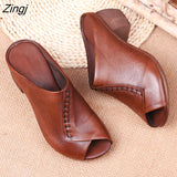 Soft Leather Outer Slippers Fish Mouth Comfortable Versatile Mid-heeled Women Sandals Women's Mother's Shoes