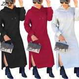 Women Long Sleeve Hooded Dress Solid Color Side Split Skinny Long Sweatshirts Winter Autumn Thermal Casual