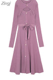 Knitting One Piece Dresses Women Casual Long Sleeve Button Sweater Midi Dress Elegant Female Office Korean 2023