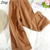 Korean Style Wide Leg Ankle Pants Women 2022 Spring Summer Black Green Khaki Female Pants High Waist Trousers