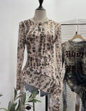 Shooting Babes Long Sleeves And Jersey Net Yarn Dye Printing Irregular Lotus Leaf Edge Ribbon Folding Top