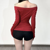 Personality Hottie Style Shoulder Dark Print T-Shirt Lace Side Long Sleeves To Dress Casual