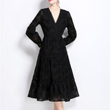 Court Wind Shattered Flower Lantern Sleeve Dress Women's Spring New Hollow Hook Flower V Collar Light Luxury Temperament Long