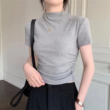 Zingj Collar Short-Sleeved T-Shirt Women's Summer 2024 New Bottom Shirt With Slim Short Student Pleated