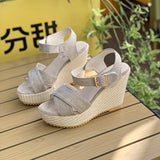 Buckle With Hemp Rope Comfortable Summer New Sloped Sandals Cross Fish Mouth Water Table High Heels Women's