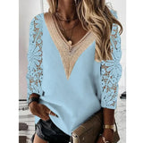 V-neck Stitching Hollow Lace Shirt Women Long Sleeve Chiffon Pullover Blouse Women Casual Lady Slim Tops Elegant