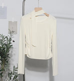 Ribbon Scarf Hanging Neck Long-Sleeved T-Shirt Girl 2024 Autumn Slim Thin Folded Bottom Shirt