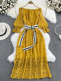 Autumn Vintage Women Hollow Out Lace Party Dress Sexy Slash Neck Off Shoulder Lantern Sleeve High Waist Vestidos 2023