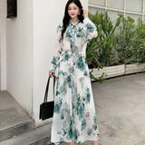 French Temperament Bow Mid-Long Retro Print Temperament Chiffon Dress