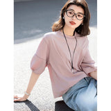 Seven-Sleeved T-Shirt Women 2025 Summer New Round-Necked Color Line Decorate Casual Lantern Sleeve