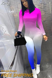 Women Gradient Print Long Sleeve Sport Bodycon Jumpsuit Bandage Skinny Jumpsuit Streetwear Autumn Winter Romper
