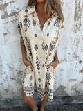 New Summer Loose Leisure Short-Sleeved Cotton Shirt Pocket Print Dress