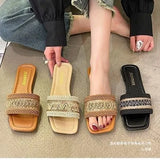 One-Size-In-One Flat-Bottomed Slippers Women's Famous Wind Woven Square Beach Cool