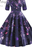Sleeve Black Autumn Winter Women Dress Floral Print Vintage Party Dresses Robe Casual Rockabilly A-Line Pin Up