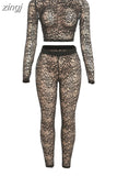 See Through Hollow Tracksuit Two Piece Set Women Full Sleeve O-Neck Tops Skinny Stretch Leegings Lady Party