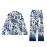 Women's Shirt Loose Long-Sleeved Print + Tight High-Rise Pants Thin Literary