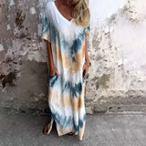 Summer New Women's Casual Loose Short-Sleeved V-Neck Open Fork Dyed Long